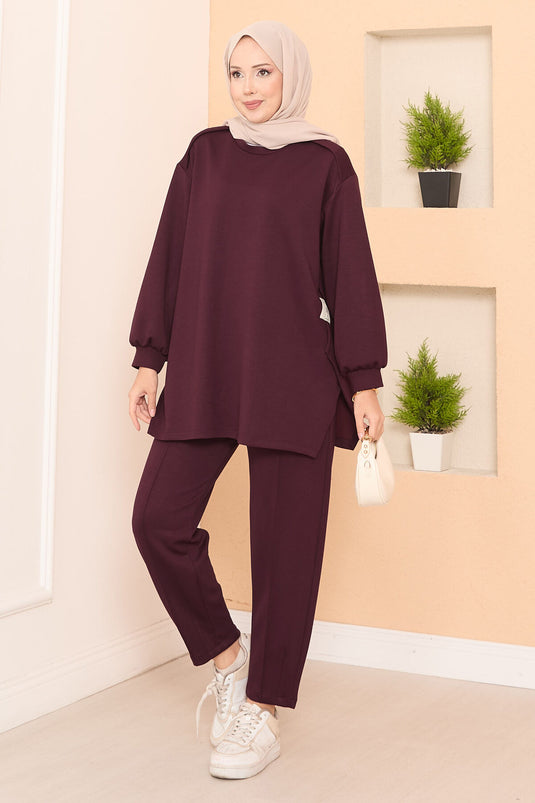 Burgundy Asymmetric Two-Piece Set with Slit and Emblem Details Oyso