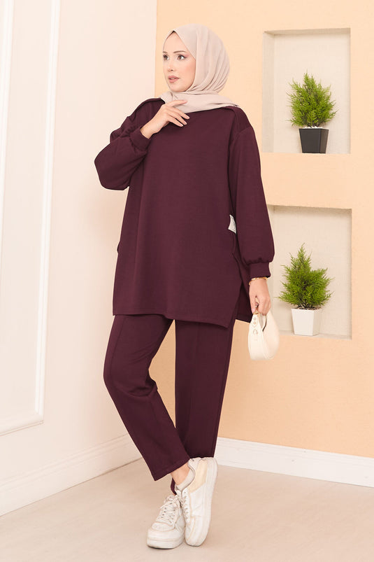 Costume deux pièces Oyşo bordeaux avec emblème à fente asymétrique