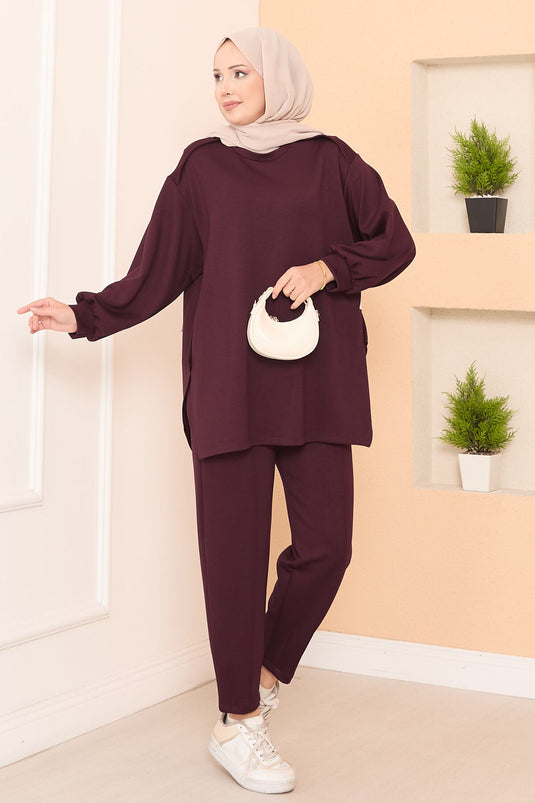 Burgundy Asymmetric Two-Piece Set with Slit and Emblem Details Oyso