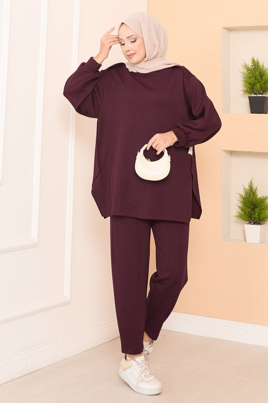 Burgundy Asymmetric Two-Piece Set with Slit and Emblem Details Oyso