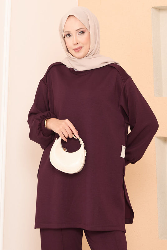 Burgundy Asymmetric Two-Piece Set with Slit and Emblem Details Oyso