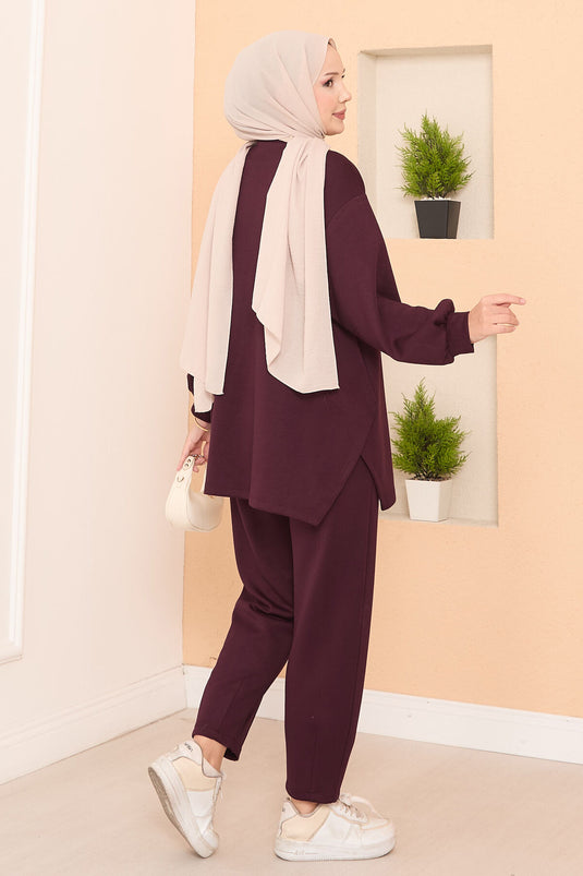 Burgundy Asymmetric Two-Piece Set with Slit and Emblem Details Oyso