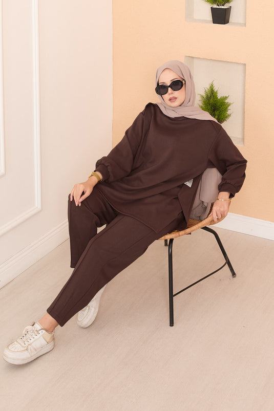Asymmetrical Slit Emblem Detail Oysho Two-Piece Set In Coffee Brown