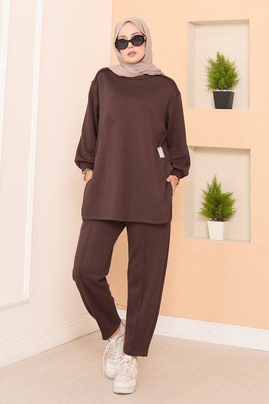 Asymmetrical Slit Emblem Detail Oysho Two-Piece Set In Coffee Brown
