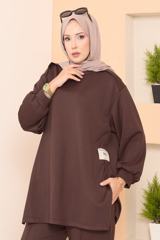 Asymmetrical Slit Emblem Detail Oysho Two-Piece Set In Coffee Brown