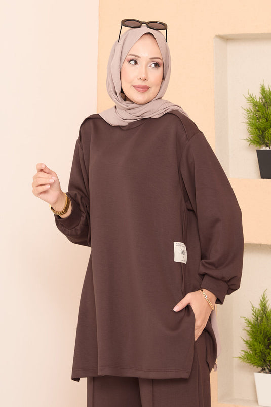Asymmetrical Slit Emblem Detail Oysho Two-Piece Set In Coffee Brown