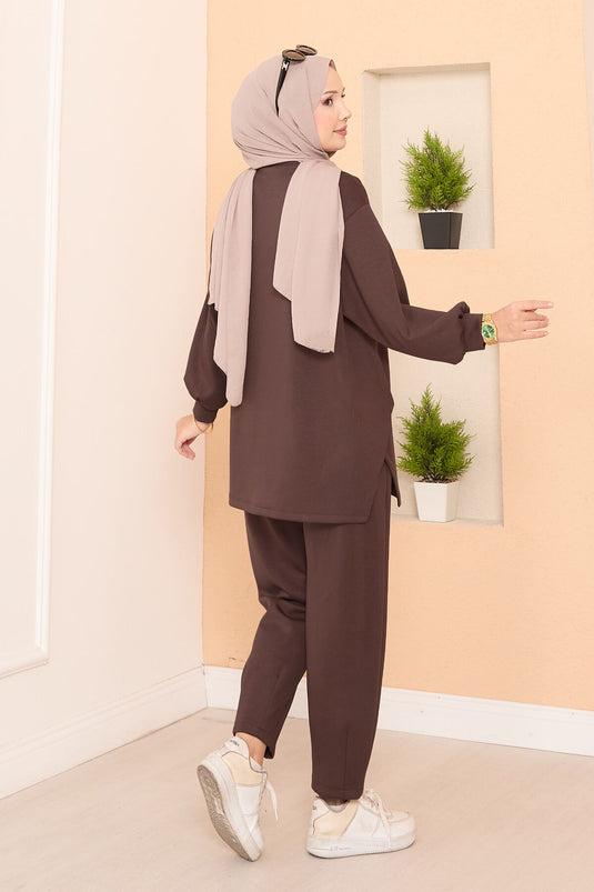 Asymmetrical Slit Emblem Detail Oysho Two-Piece Set In Coffee Brown