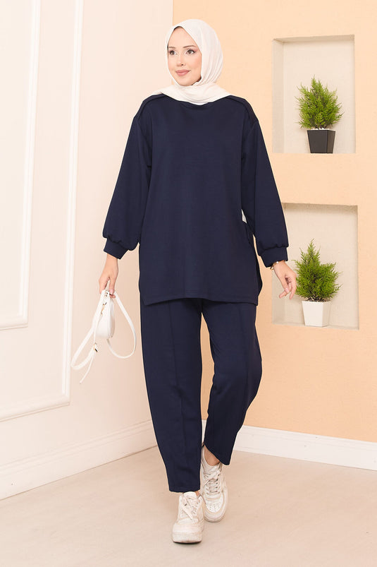 Asymmetrical Slit Emblem Detailed Oyşo Two-Piece Set Navy