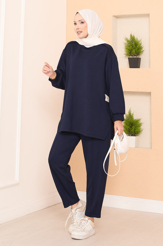 Asymmetrical Slit Emblem Detailed Oyşo Two-Piece Set Navy