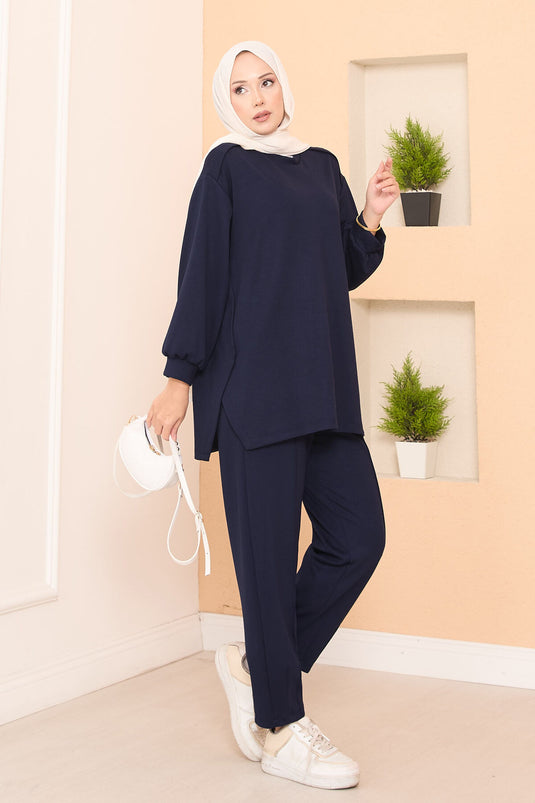 Asymmetrical Slit Emblem Detailed Oyşo Two-Piece Set Navy