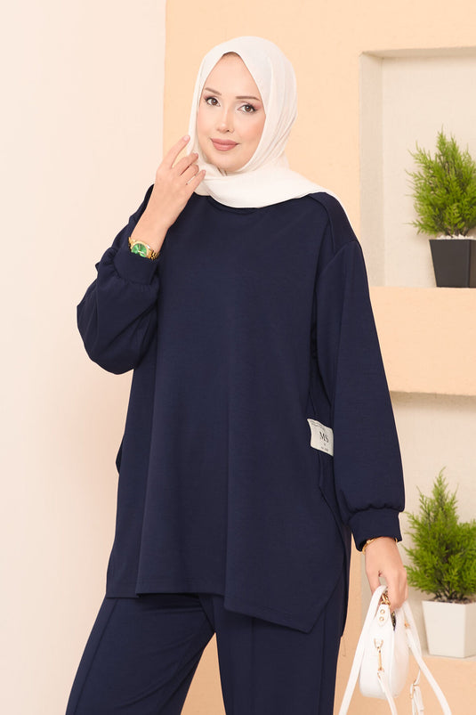 Asymmetrical Slit Emblem Detailed Oyşo Two-Piece Set Navy