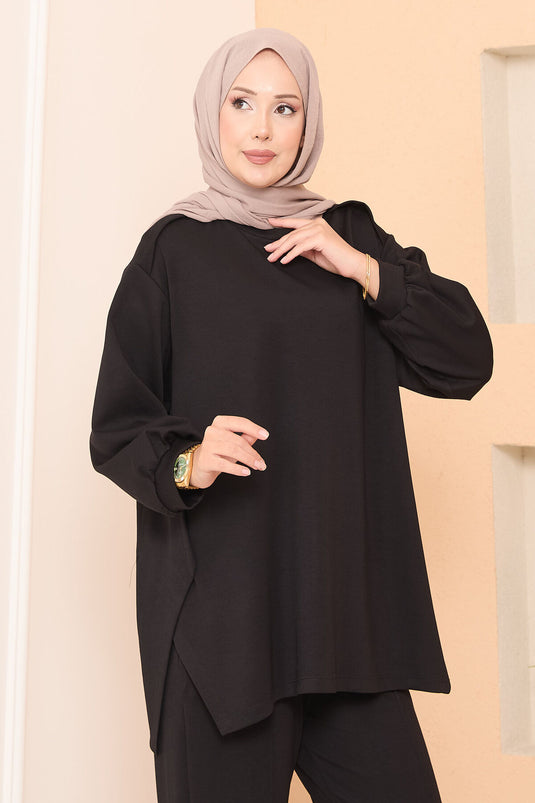 Asymmetric Slit Emblem Detailed Oyşo Two-Piece Set Black