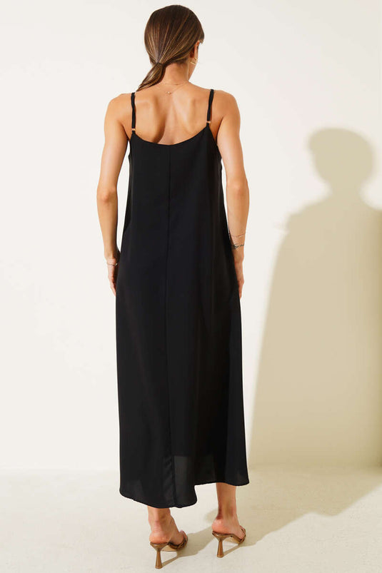 Abito midi in chiffon basic con spalline nero