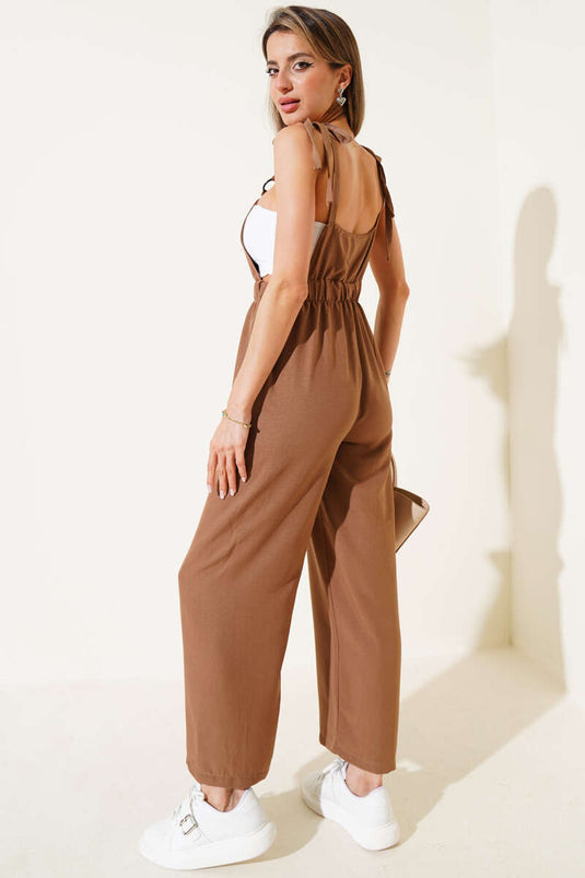 Jumpsuit mit elastischem Bund und Taschen, Latte