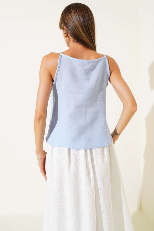 Blusa in lino senza maniche con volant, blu