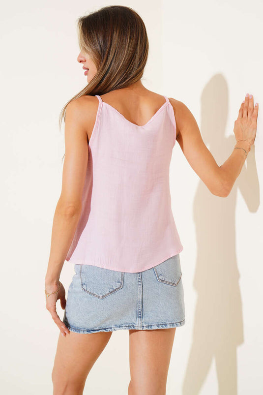 Askılı Fırfırlı Keten Bluz Pembe