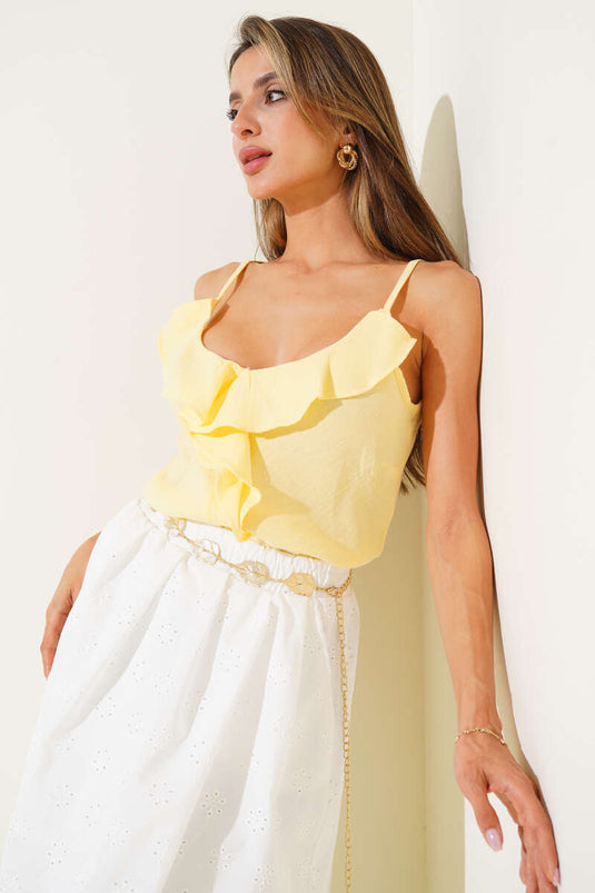 Chemisier en lin à bretelles et volants, jaune