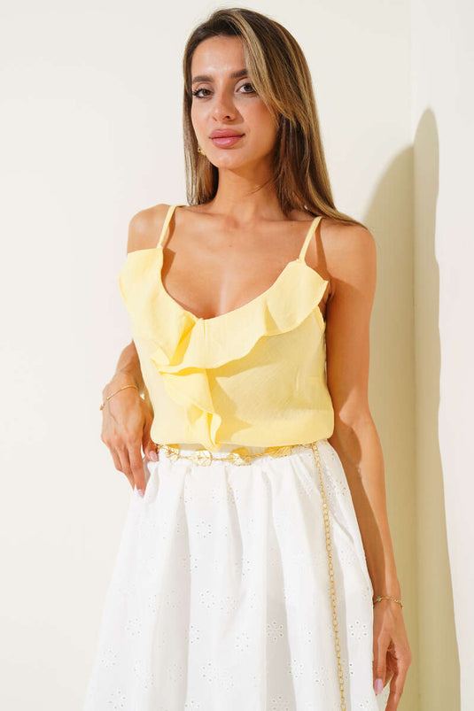 Chemisier en lin à bretelles et volants, jaune