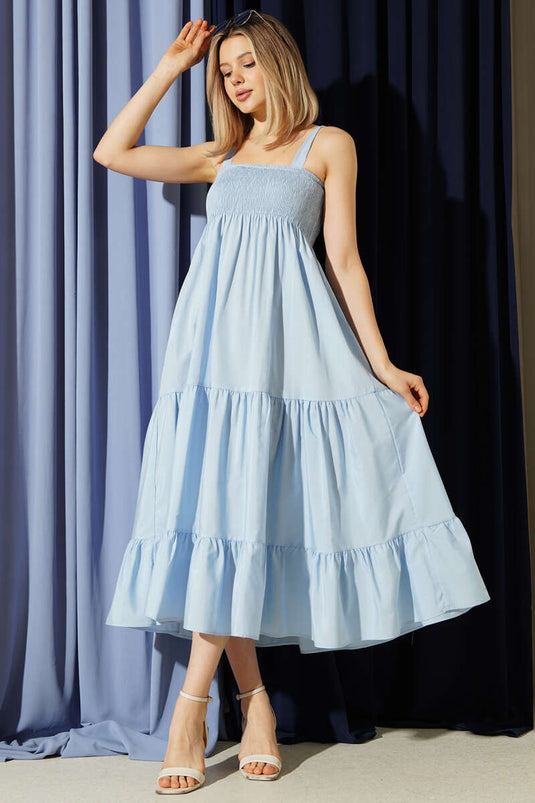 Strappy Pleated Layered Midi Dress Baby Blue