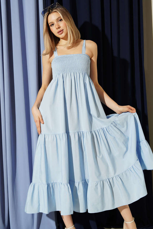 Strappy Pleated Layered Midi Dress Baby Blue