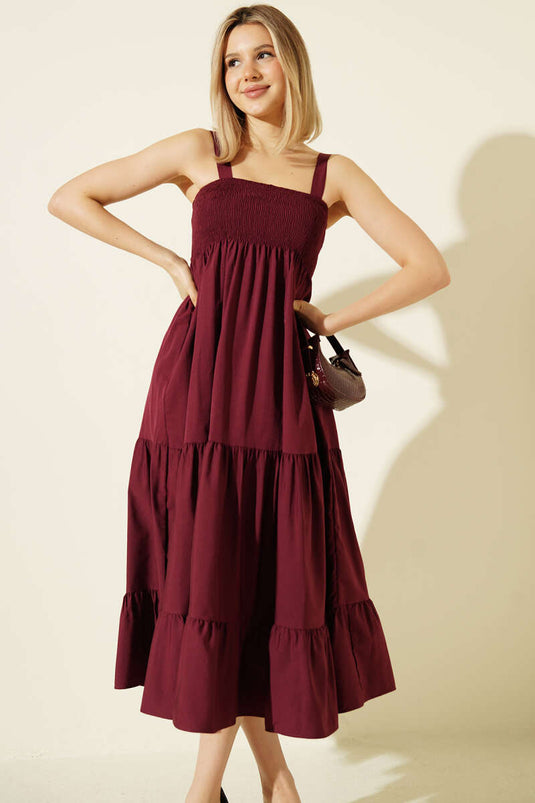 Burgundy Layered Midi Dress with Straps and Pleats