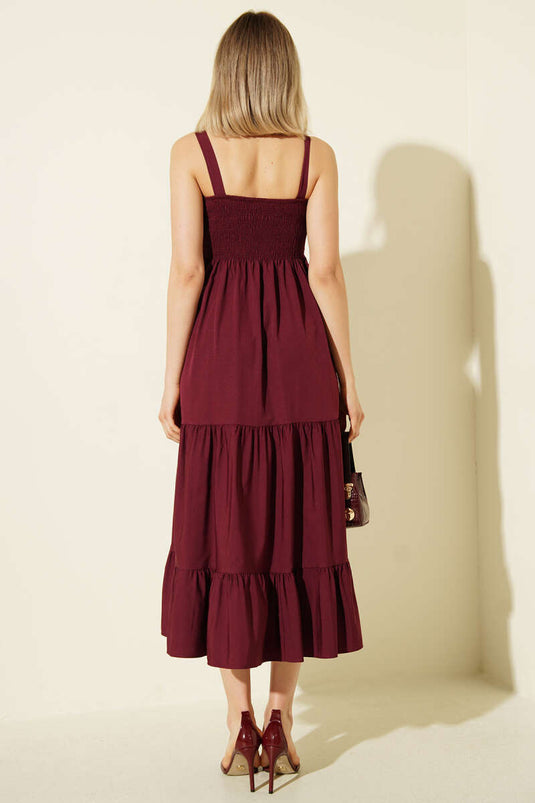 Burgundy Layered Midi Dress with Straps and Pleats