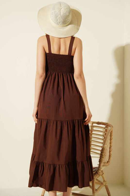 Strap Detailed Layered Midi Dress Brown