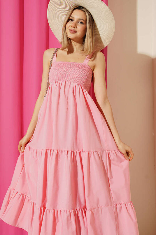 Pink Layered Midi Dress with Straps and Pleats