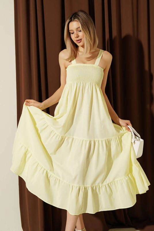 Askılı Gipeli Kat Kat Midi Elbise Sarı