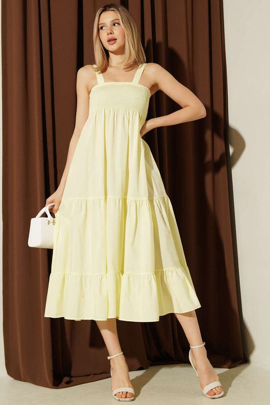 Yellow Strappy Pleated Layered Midi Dress