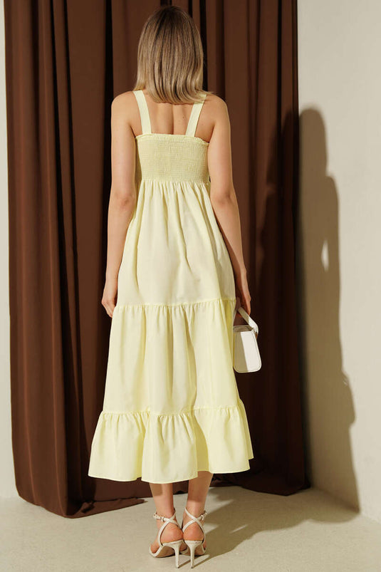 Yellow Strappy Pleated Layered Midi Dress