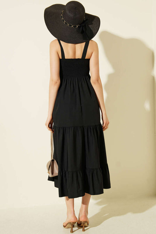Black Layered Midi Dress with Straps and Pleats