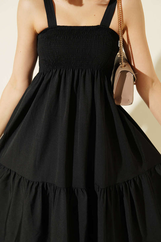 Askılı Gipeli Kat Kat Midi Elbise Siyah