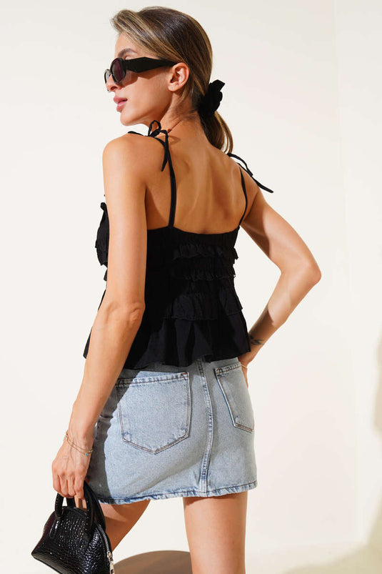 Askılı Gül Detaylı Bluz Siyah