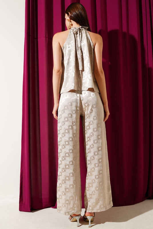 Ensemble deux pièces beige en jacquard à bretelles