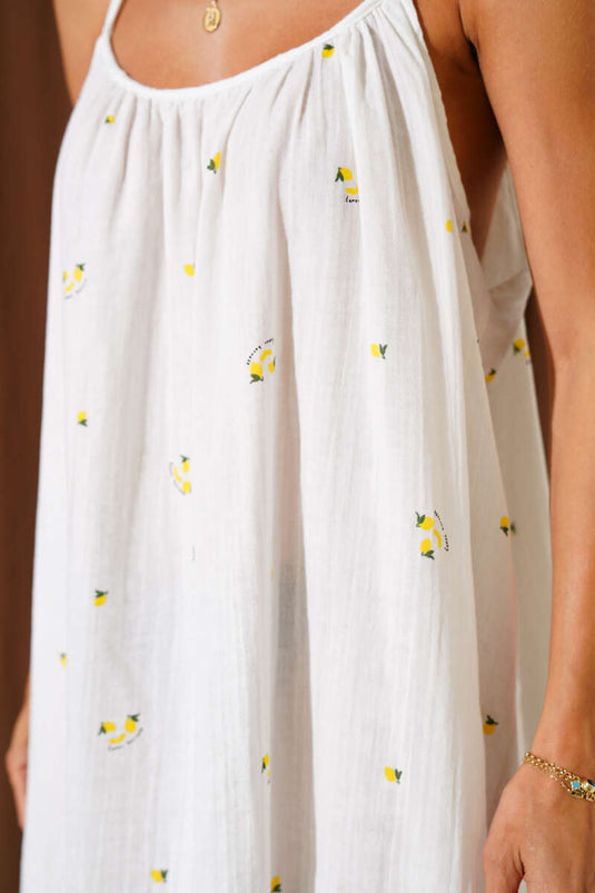 Robe en mousseline à bretelles, motif citron, écru