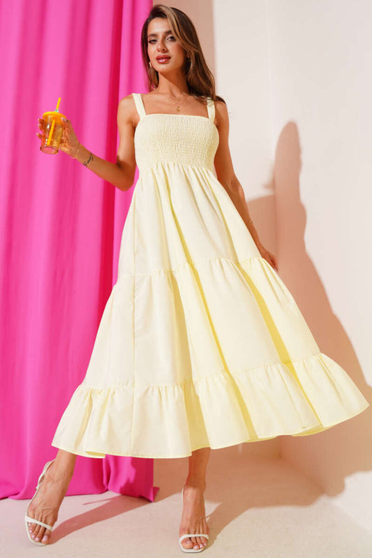 Askılı Önü Gipeli Elbise Sarı