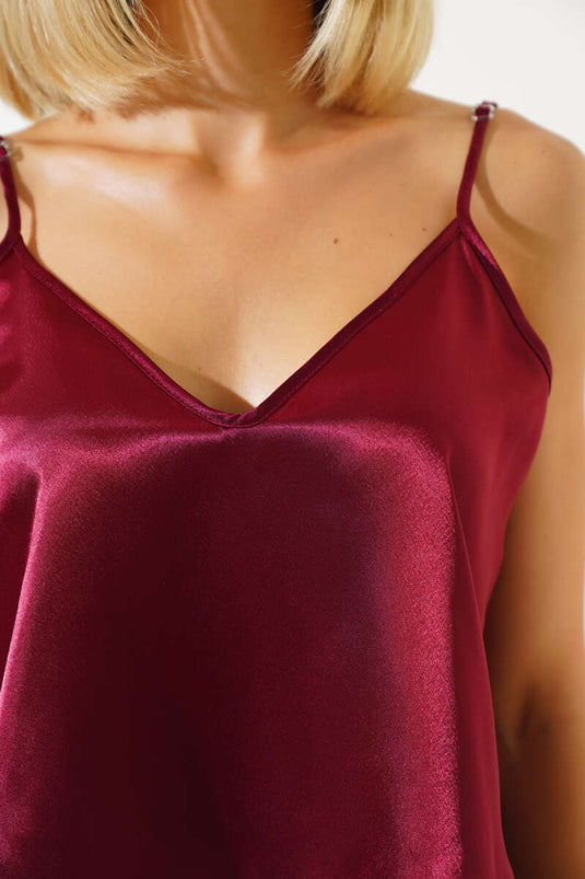 Satin Pajama Set with Straps, Burgundy