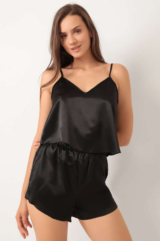 Ensemble pyjama en satin à bretelles, noir