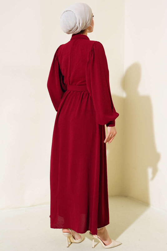 Balon Kol Gömlek Yaka Elbise Bordo