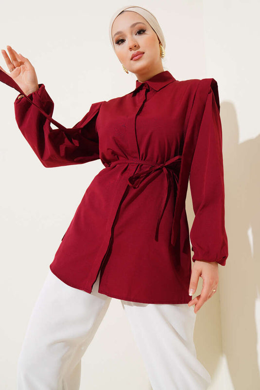 İp Kuşaklı Omuz Pelerinli Gömlek Bordo