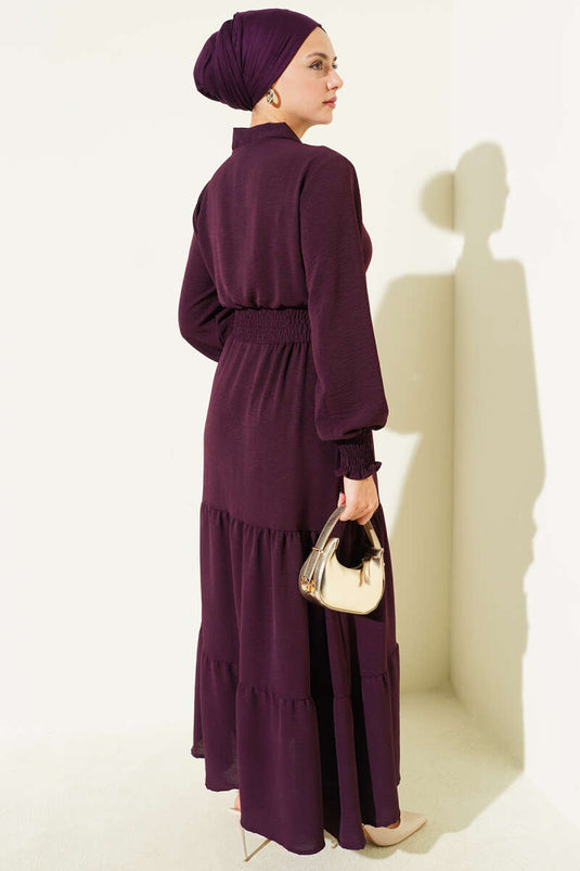 Jurk met elastische tailleband en strikdetail aan de voorkant, pruimkleurig