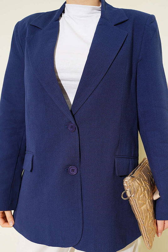 Astarı Çizgili Keten Blazer Ceket Lacivert