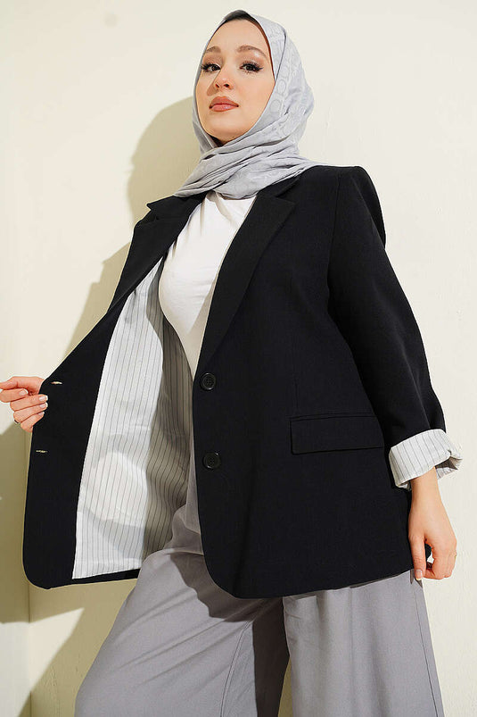Astarı Çizgili Keten Blazer Ceket Siyah
