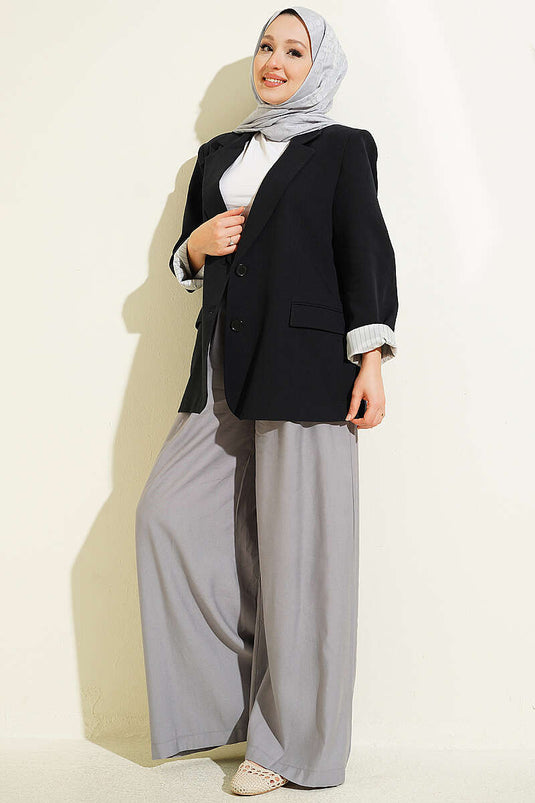 Astarı Çizgili Keten Blazer Ceket Siyah