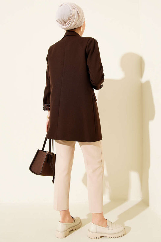 Astarı Leoparlı Kruvaze Ceket Acı Kahve