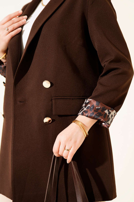 Astarı Leoparlı Kruvaze Ceket Acı Kahve