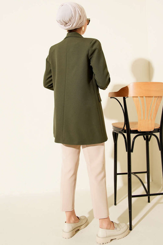 Astarı Leoparlı Kruvaze Ceket Haki