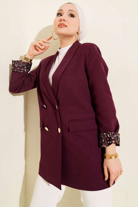 Astarı Leoparlı Kruvaze Ceket Mor