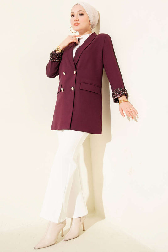 Astarı Leoparlı Kruvaze Ceket Mor